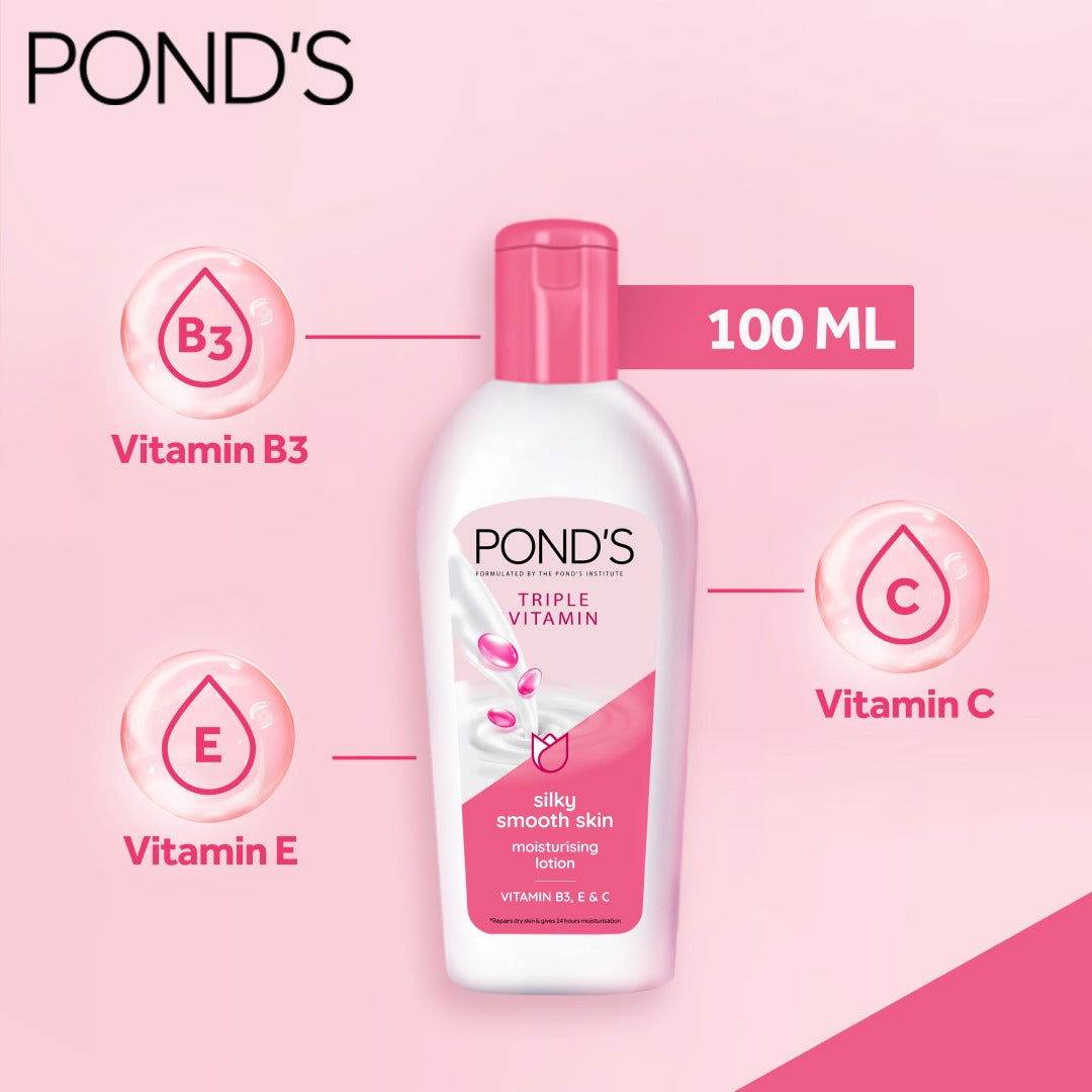 Pond's Triple Vitamin Silky Smooth Skin Moisturising Lotion, 100ml - Vitamins House Pond's Triple Vitamin Silky Smooth Skin Moisturising Lotion, 100ml - Vitamins House