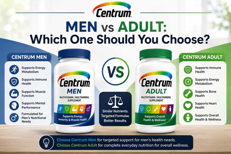 Two multivitamin bottles shown side by side to compare men’s and adult Centrum options