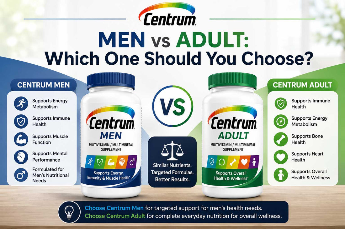 Two multivitamin bottles shown side by side to compare men’s and adult Centrum options
