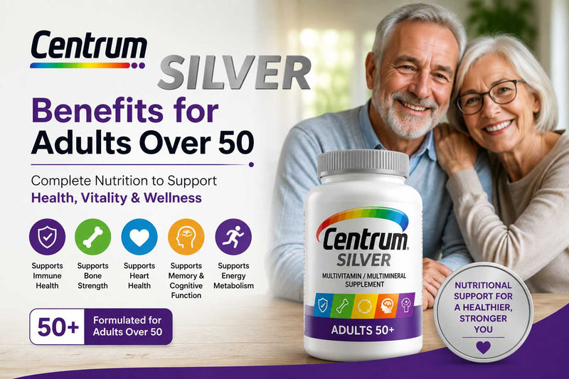 Centrum Silver style multivitamin bottle with icons for bones, heart, eyes, brain, immunity, and wellness