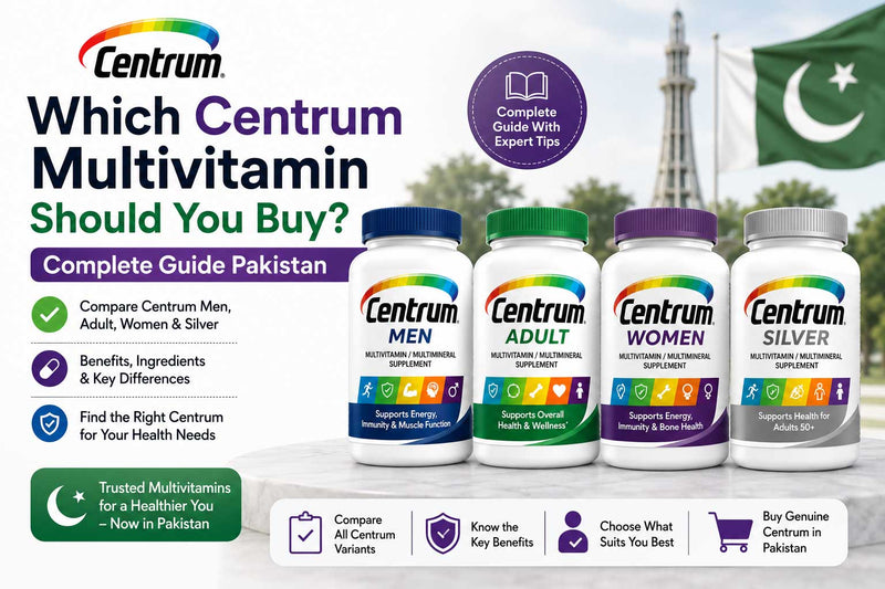 Four Centrum style multivitamin bottles representing adult, men, women, and over 50 supplement options