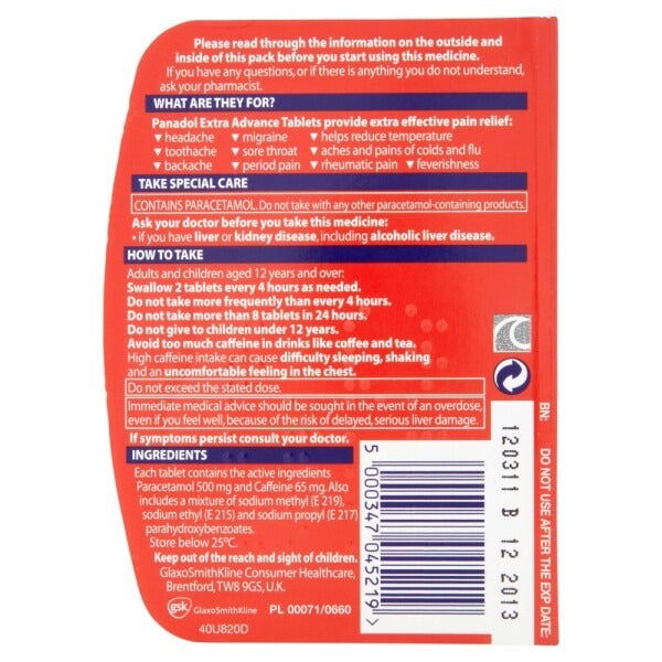 Panadol Extra Advance 500 mg/65 mg 14 Tablets UK - Vitamins House