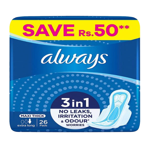 Always 3-in-1 Maxi Thick (Extra Long) Sanitary Pads, 26 Pads - Vitamins House