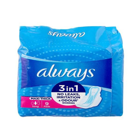 Always 3-in-1 Maxi Thick (Long) Sanitary Pads, 9 Ct - Vitamins House