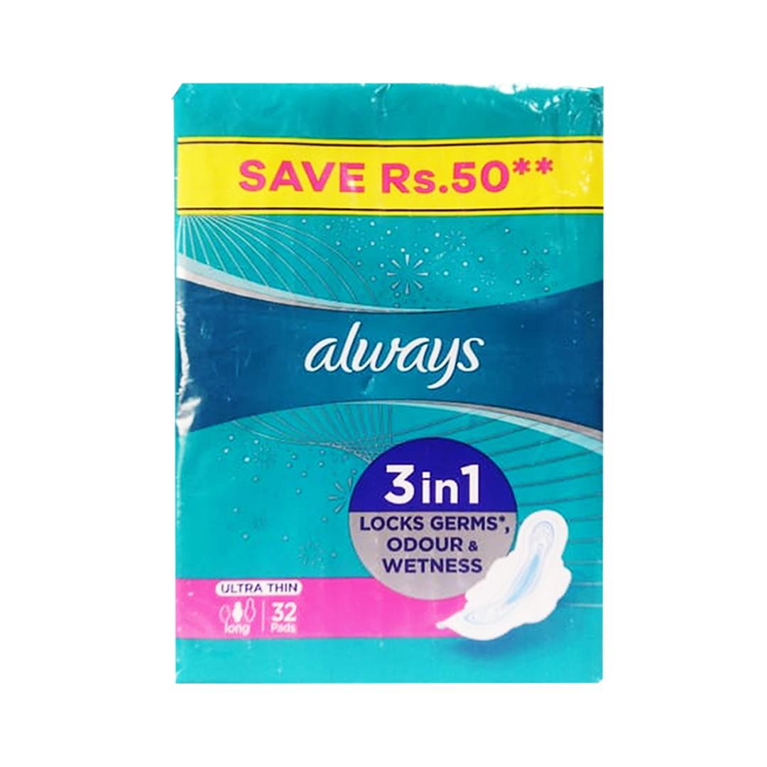 Always 3-in-1 Ultra Thin (Long) Sanitary Pads, 32 Pads - Vitamins House