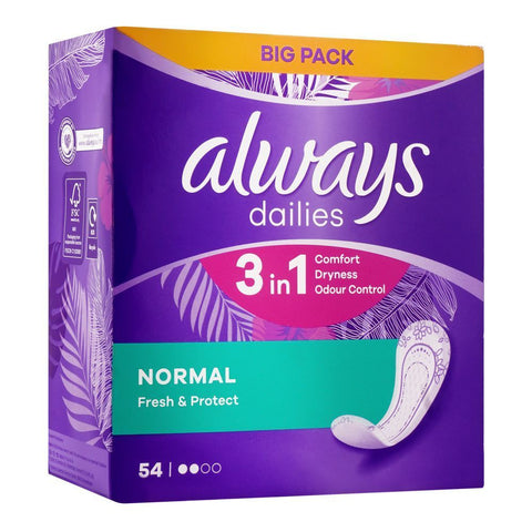 Always Dailies 3-In-1 Comfort Dryness Odour Control Panty Liners, Normal, 54-Pack - Vitamins House