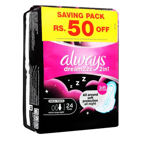 Always Dreamzzz 2-in-1 Maxi Thick (Extra Long-Night) Sanitary Pads, 24 Ct