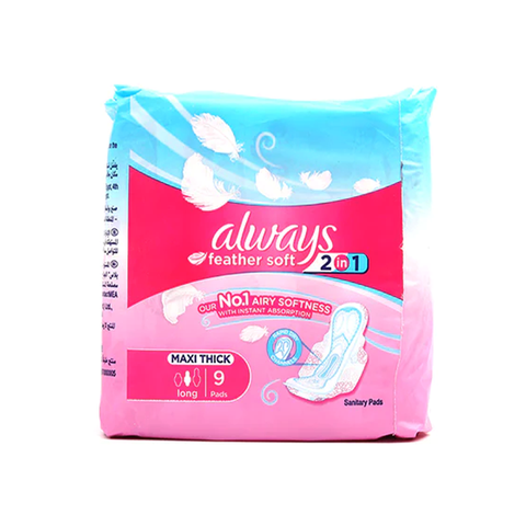 Always Feather Soft 2-in-1 Maxi Thick (Long) Sanitary Pads, 9 Pads - Vitamins House