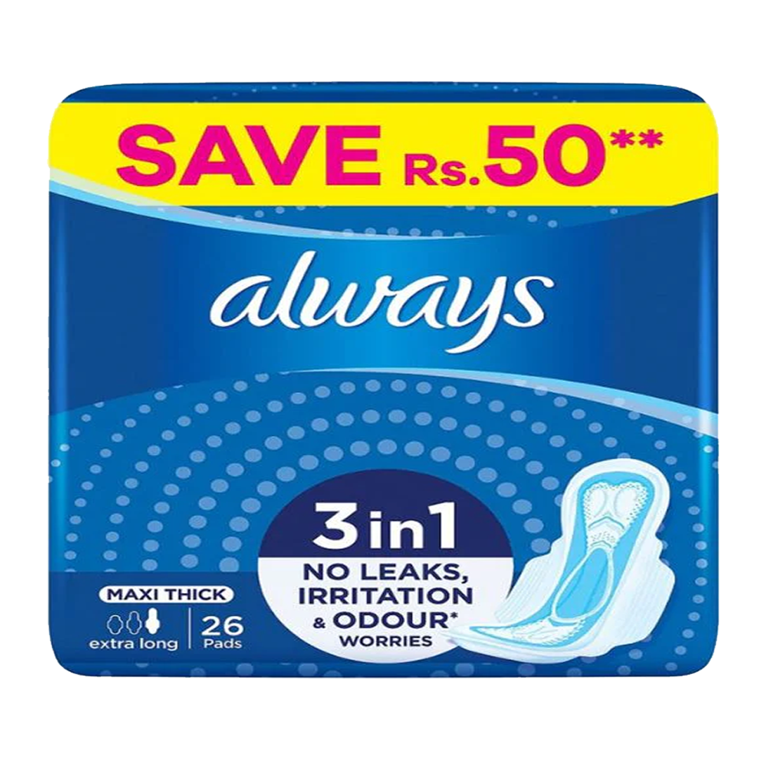 Always 3-in-1 Maxi Thick (Extra Long) Sanitary Pads, 26 Pads