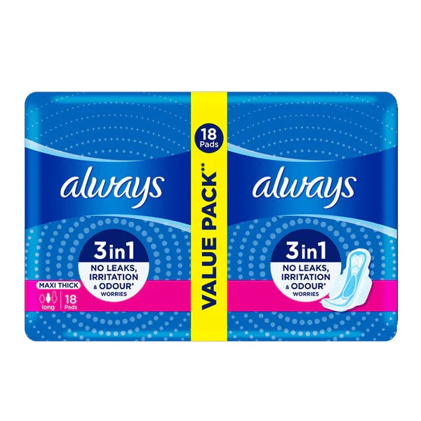 Always 3-in-1 Maxi Thick (Long) Sanitary Pads Value Pack, 18 Ct