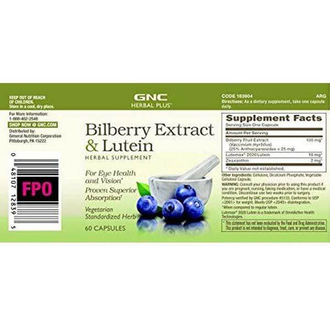GNC Herbal Plus Bilberry Extract & Lutein 60 Capsules - Vitamins House