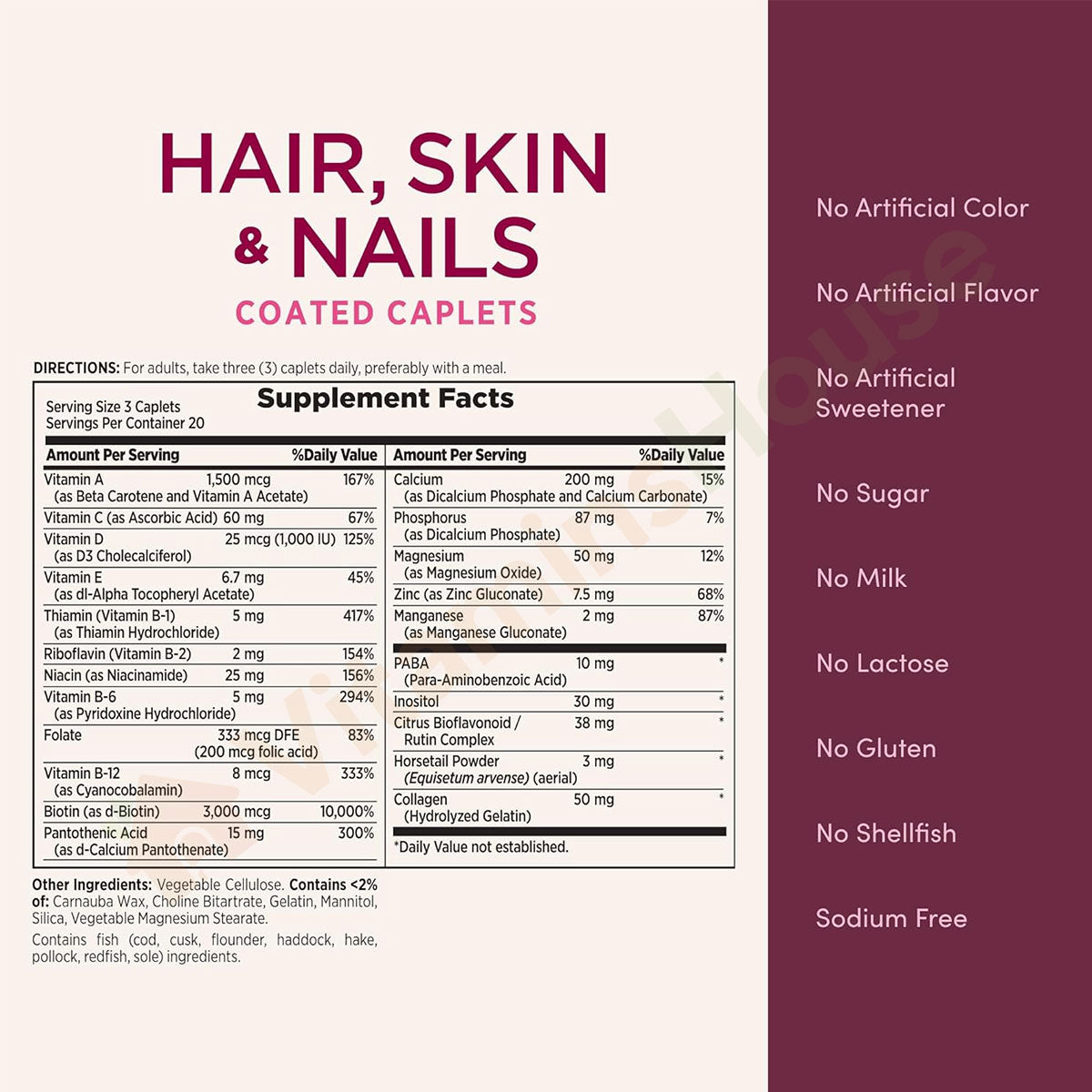 Nature's Bounty hair skin nails Biotin 3000mcg 60ct Supplement Facts