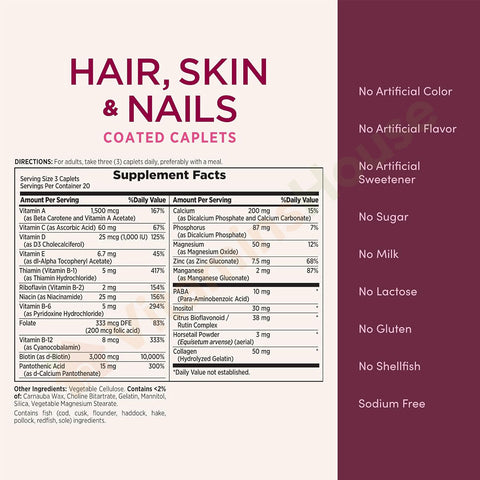 Nature's Bounty hair skin nails Biotin 3000mcg 60ct Supplement Facts