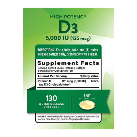 Nature’s Truth Vitamin D3 5000 IU in Pakistan Supplement Facts