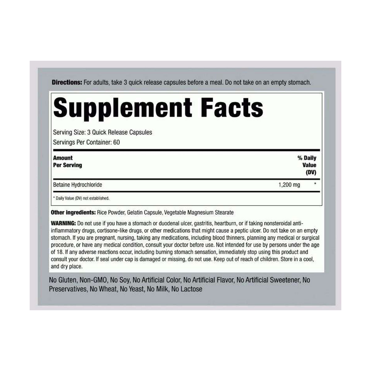 Piping Rock Betaine HCl 1200mg 180 Capsules Supplement Facts