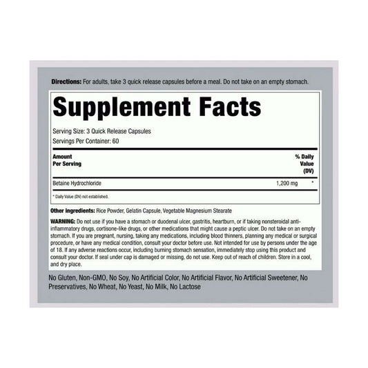 Piping Rock Betaine HCl 1200mg 180 Capsules Supplement Facts