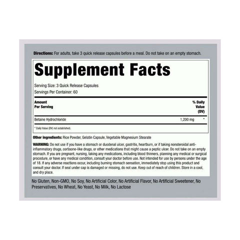 Piping Rock Betaine HCl 1200mg 180 Capsules Supplement Facts