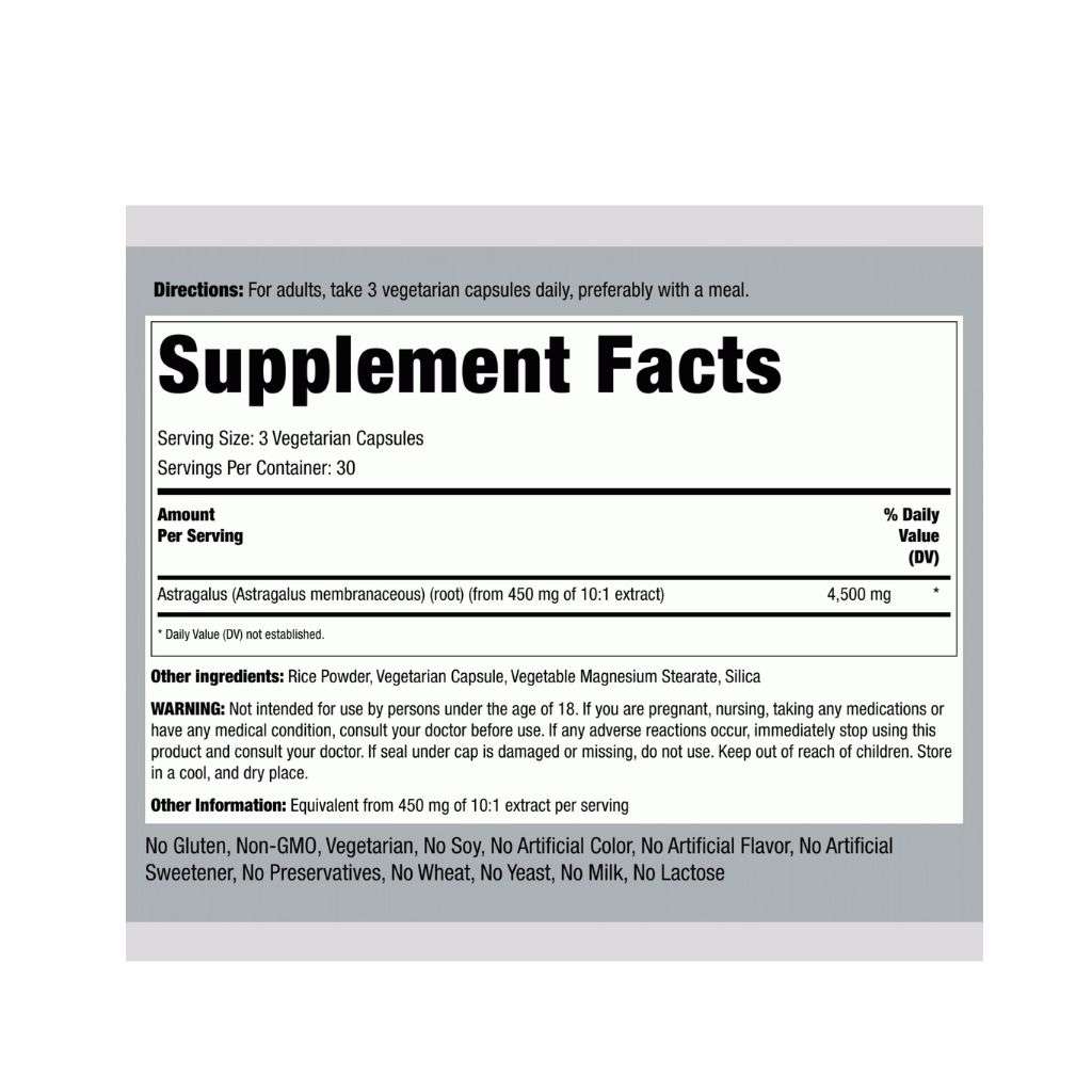 Piping Rock Astragalus Root 4500mg 90 Veg Capsules Supplement Facts