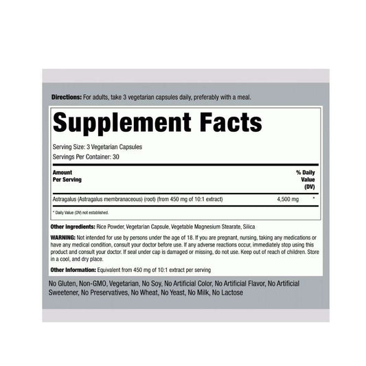 Piping Rock Astragalus Root 4500mg 90 Veg Capsules Supplement Facts