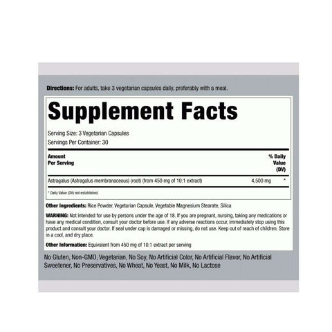 Piping Rock Astragalus Root 4500mg 90 Veg Capsules Supplement Facts