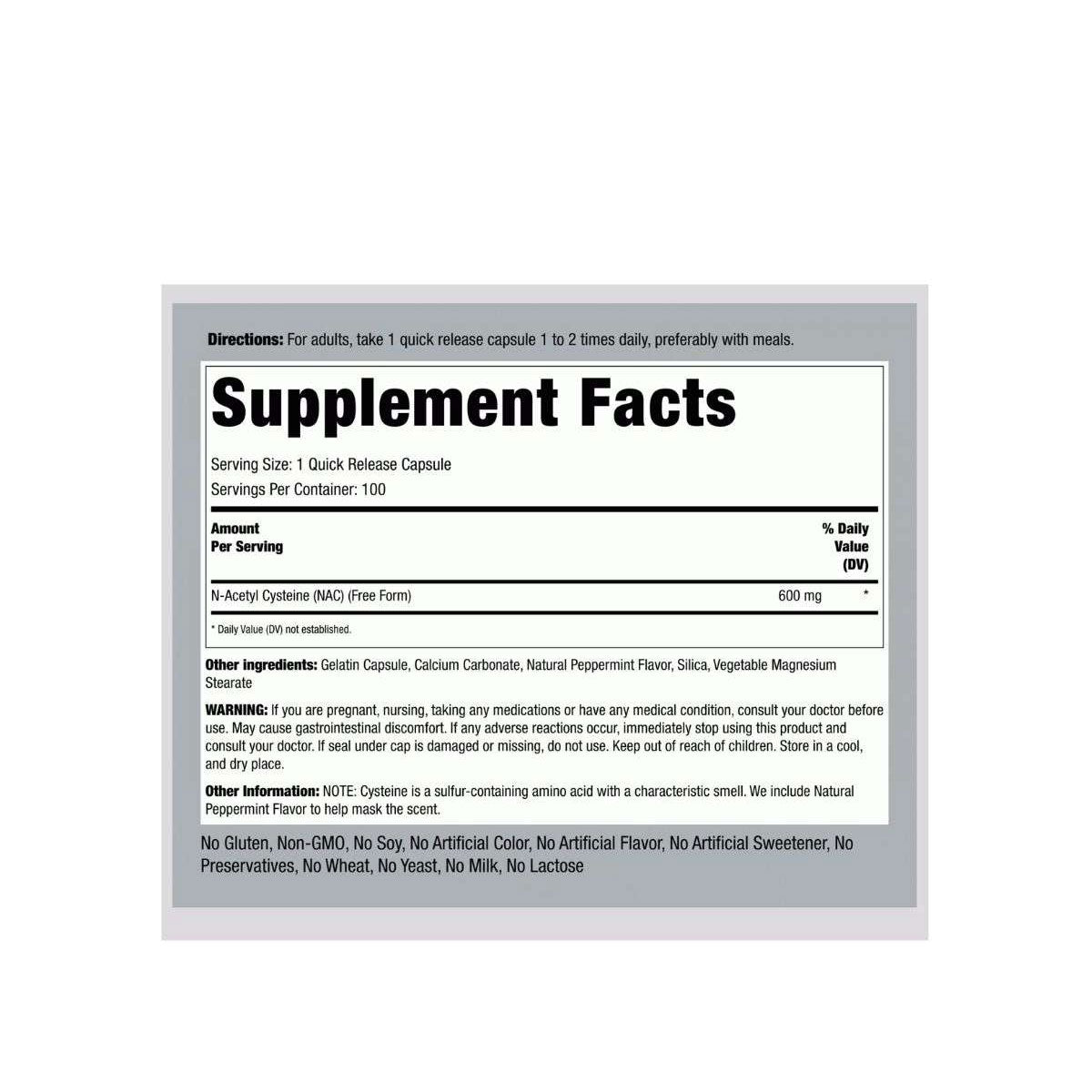 Piping Rock NAC 600mg 100 Capsules Supplement Facts