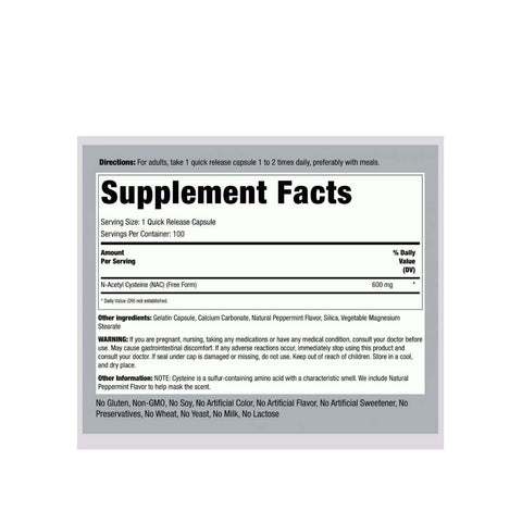 Piping Rock NAC 600mg 100 Capsules Supplement Facts