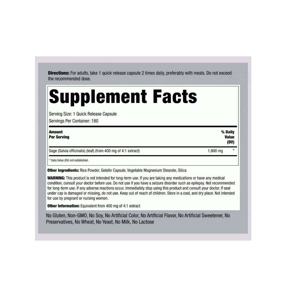 Piping Rock Sage 1600mg 180 Capsules Supplement Facts