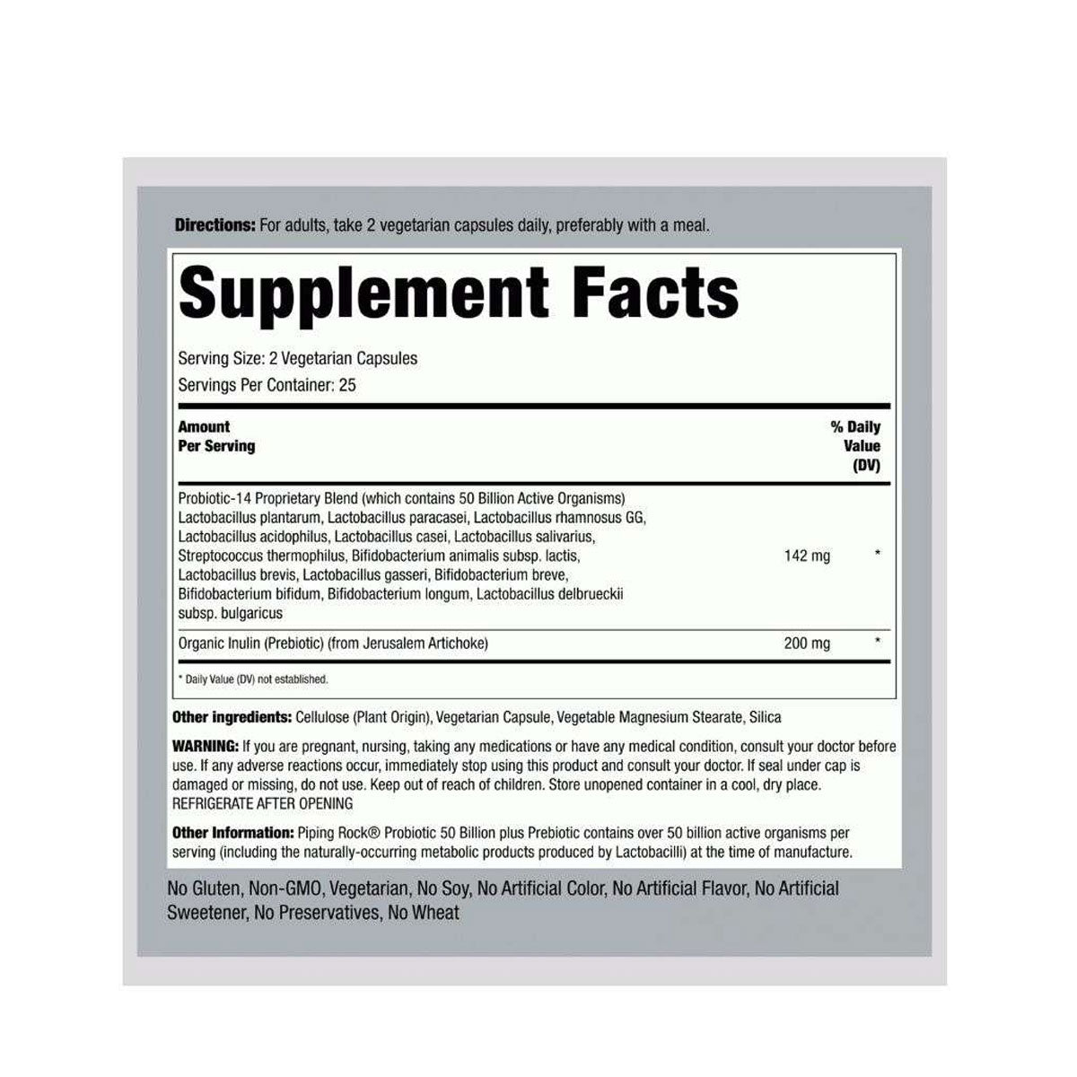 Piping Rock Ultimate Probiotic 50 Billion CFU Supplement Facts