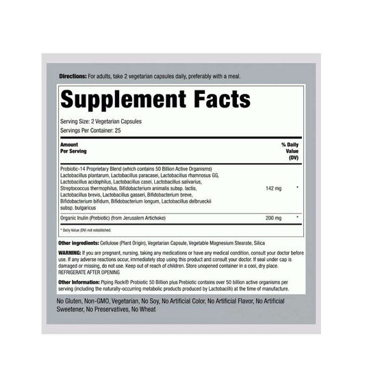 Piping Rock Ultimate Probiotic 50 Billion CFU Supplement Facts