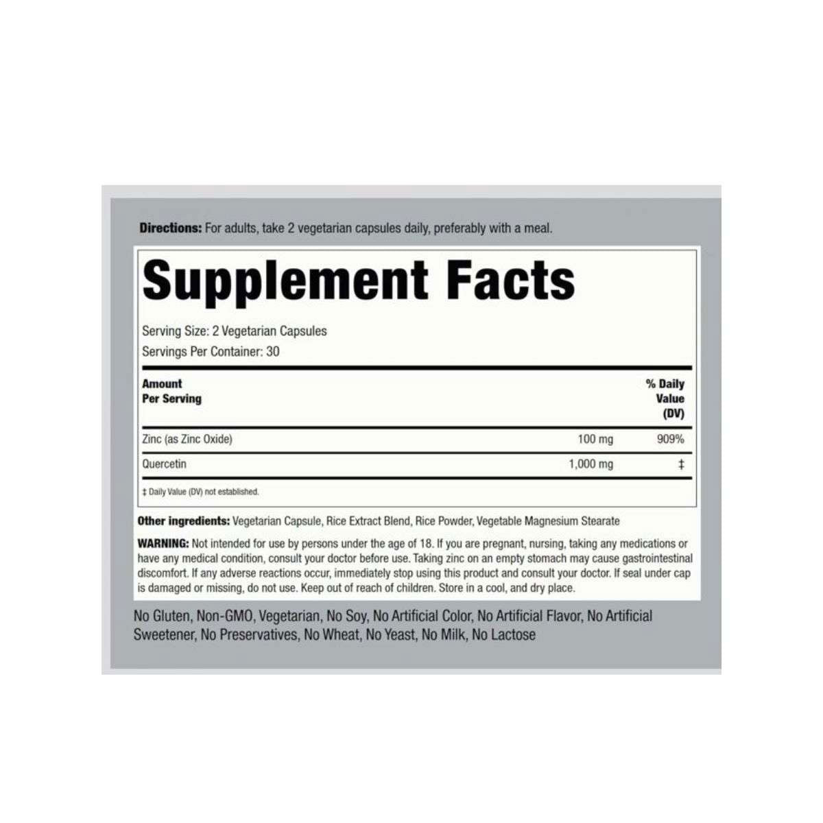 Piping Rock Ultra Quercetin Plus Zinc 1100mg Supplement Facts