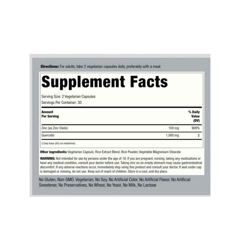 Piping Rock Ultra Quercetin Plus Zinc 1100mg Supplement Facts