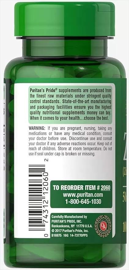 Puritan's Pride Zinc Gluconate 50mg 100Ct - Vitamins House