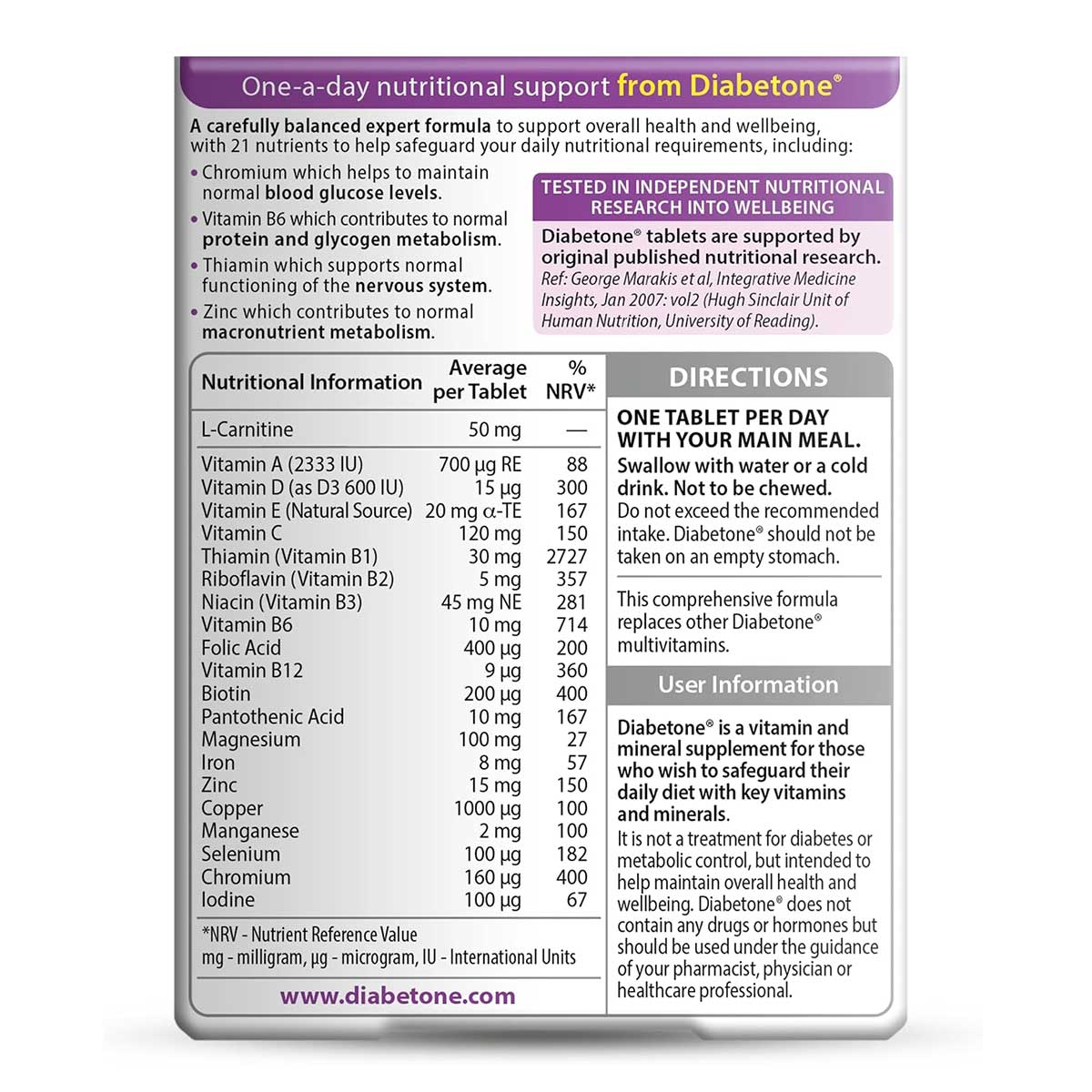 Vitabiotics Diabetone Original 30 Tablets in Pakistan Supplement Facts